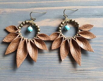 Bohemian Hoop Earrings, Bronze Hoop Earrings, Boho Earrings, Brown Leather Earrings, Bohemian Jewelry, Boho Jewelry, Statement Jewelry.