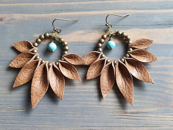 Bohemian Hoop Earrings, Bronze Hoop Earrings, Boho Earrings, Brown Leather Earrings, Bohemian Jewelry, Boho Jewelry, Statement Jewelry.