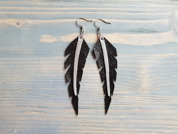 Black Feather Earrings, Leather Earrings, Black Leather Earrings, Leather Feather Earrings, Boho Earrings, Boho Jewelry, Thin Feathers