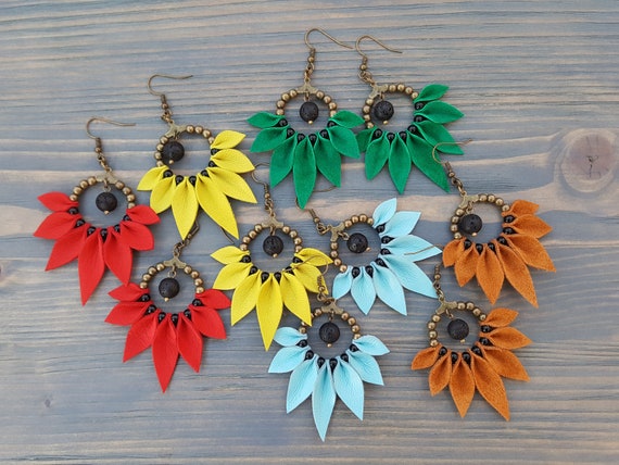 Bright Bohemian Earrings, Boho Hoop Earrings, Statement Earrings, Leather Earrings, Boho Jewelry, Statement Jewelry, Bohemian Jewelry.