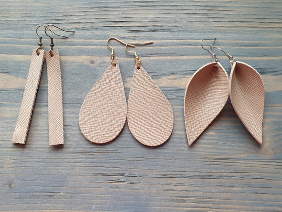 Light Brown Earrings, Leather Earrings, Leather Bar Earrings, Leather Teardrop Earrings, Leather Leaf Earrings, Simple Minimalist Earrings