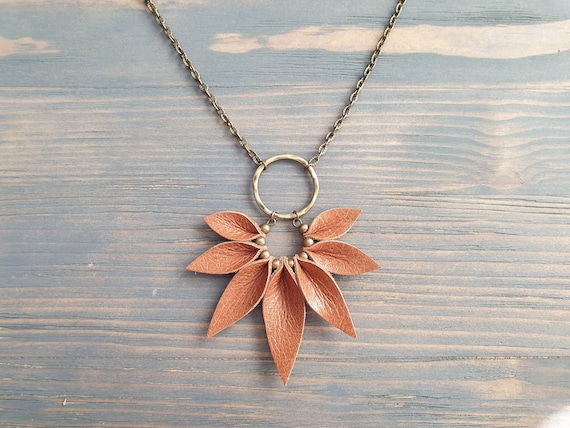 Leather Necklace, Bronze Chain Necklace, Statement Necklace, Boho Necklace, Bohemian Necklace, Boho Jewelry, Leather Pendant Necklace