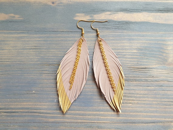 Beige Leather Earrings, Feather earrings, Boho Earrings, Large Dangle Earrings, Light Weight Earrings, Leather Fringe Earrings, Gift for Her