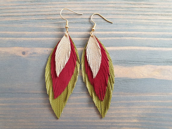 Leather Earrings, Green Red Gold Dangle Earrings, Layered Leather Earrings, Leather Feather Earrings, Statement Earrings, Boho Jewelry