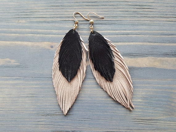 Handmade Genuine Leather Feather Earrings. Large Bohemian Earrings. Statement Earrings. Beige Leather Earrings. Lightweight Boho Earrings.