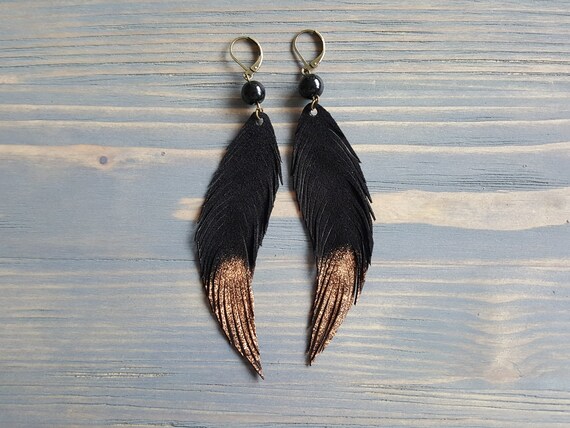 Black Onyx Earrings. Long Dangle Earrings. Black Leather Earrings. Leather Feather Earrings. Statement Earrings Handmade Bohemian Earrings.