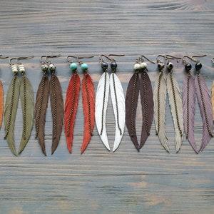 Long Feather Earrings Bohemian Earrings Gemstone Leather Earrings Bohemian Jewelry Long Leather Feather Earrings Boho Tribal Earrings. image 1