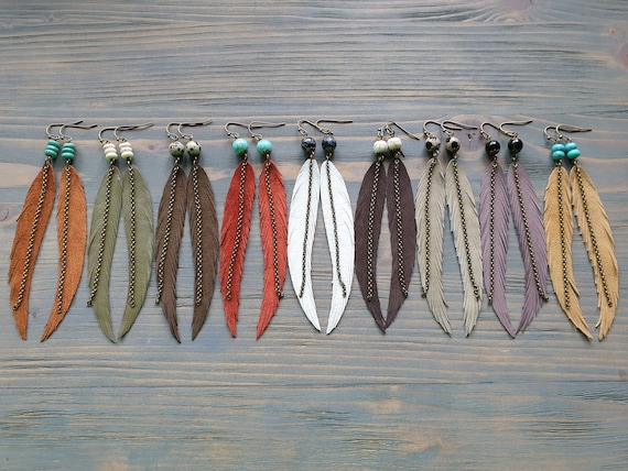 Long Feather Earrings Bohemian Earrings Gemstone Leather Earrings Bohemian Jewelry Long Leather Feather Earrings Boho Tribal Earrings.