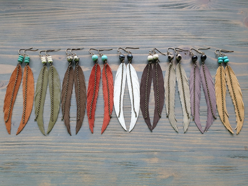 Long Feather Earrings Bohemian Earrings Gemstone Leather Earrings Bohemian Jewelry Long Leather Feather Earrings Boho Tribal Earrings. image 1