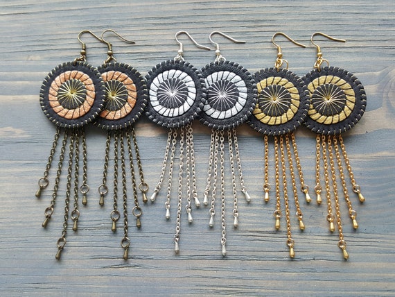 Long Statement Earrings, Bohemian Circle Earrings. Leather Earrings, Boho Earrings, Long Chain Earrings. Chain Tassel Earrings.