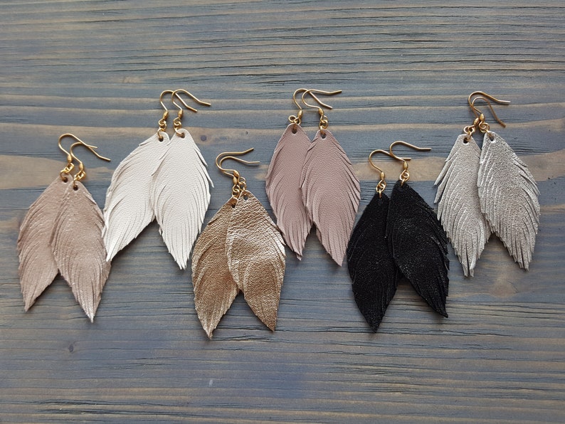 Handmade Earrings. Genuine Leather Earrings. Feather Earrings. Lightweight Earrings. Simple Earrings. Leather Feather Earrings. Boho Jewelry image 1