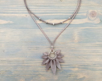 Grey necklace, Leather necklace, Grey leather necklace, Boho necklace, Boho jewelry, Grey jewelry, Leather jewelry, Large pendant necklace