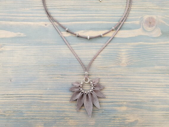 Grey necklace, Leather necklace, Grey leather necklace, Boho necklace, Boho jewelry, Grey jewelry, Leather jewelry, Large pendant necklace