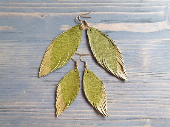 Green Earrings, Leather Earrings, Leather Feather Earrings, Green Leather Earrings, Boho Earrings, Statement Earrings, Hypoallergenic Hooks