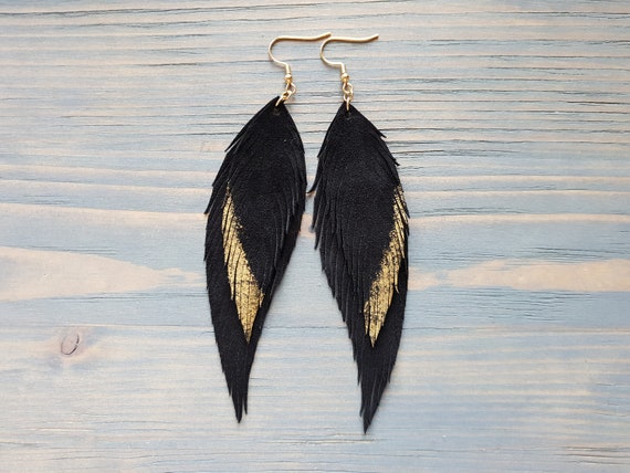 Long Black Earrings, Leather Feather Earrings, Statement Earrings, Black Leather Earrings, Bohemian Earrings, Handmade Earrings Boho