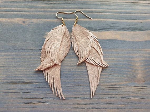 Shiny Leather Earrings, Leather Feather earrings, Statement Earrings, Boho Earrings, Bohemian Earrings, Boho Jewelry, Leather Jewelry