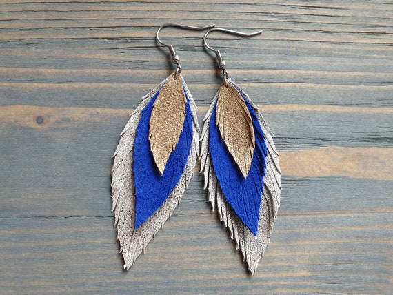 Silver Blue Gold Leather Earrings, Statement Earrings, Leather Feather Earrings, Layered Leather Earrings, Boho Earrings, Bohemian Jewelry