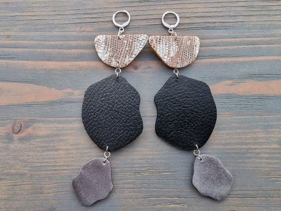 Large Art Nouveau Earrings, Statement Earrings, Triple Drop Leather Earrings, Long Dangle Earrings, Black Silver Beige Multicolor Earrings