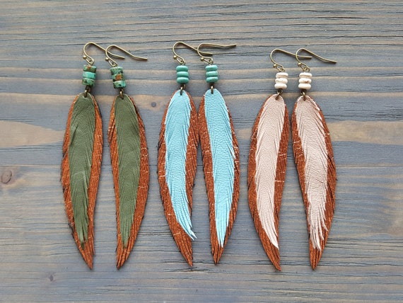 Long thin earrings Leather feather earrings Thin feather earrings Metallic bronze leather earrings Boho earrings Bohemian dangle earrings