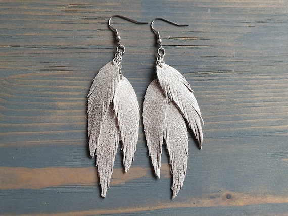 Leather Feather Earrings, Layered Leather Earrings, Silver Feather Earrings, Dangle Earrings, Boho Earrings, Statement Earrings