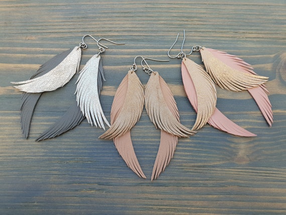 Layered Feather Earrings, Feather Leather Earrings, Boho Earrings, Christmas Gift For Her, Xmas Gift For Her, Shiny Earrings Lightweight