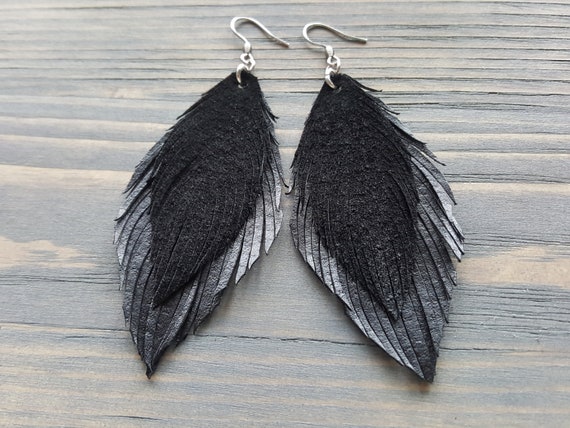 Black Feather Earrings. Genuine Leather Feather Earrings. Large Boho Earrings. Long Bohemian Earrings. Double Feather Earrings. Boho Jewelry