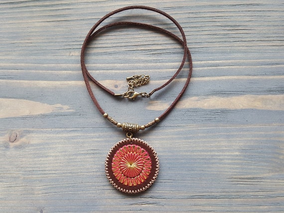 Brown leather necklace. Mandala necklace. Velvet choker. Boho necklace. Hippie necklace. Pendant necklace. Leather choker. Boho choker.