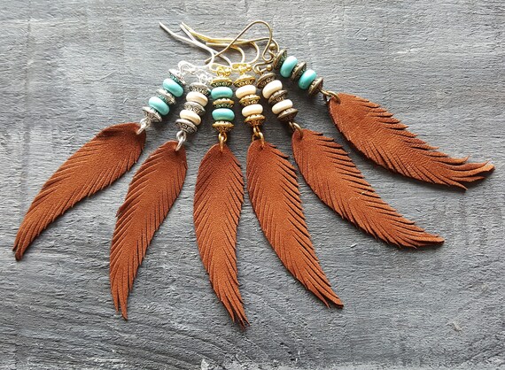 Brown feather earrings. Leather feather earrings. Gemstone beaded earrings. Long drop earrings. Boho earrings. Bohemian earrings. Boho chic.