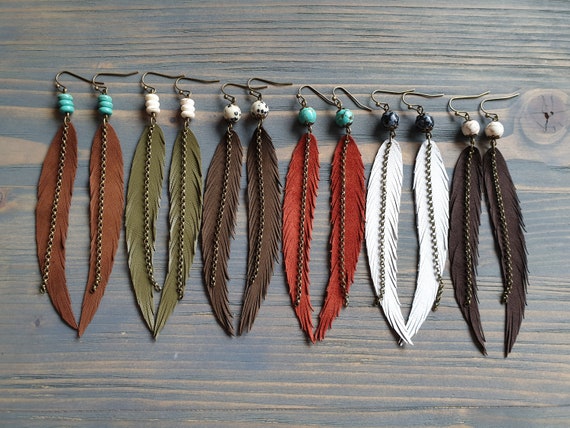Long Feather Earrings Bohemian Earrings Gemstone Leather Earrings Bohemian Jewelry Long Leather Feather Earrings Boho Tribal Earrings.