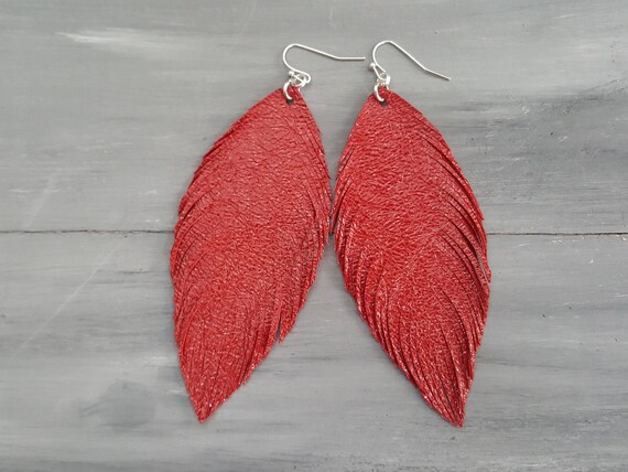 Leather feather earrings Red feather earrings Large feather earrings Red leather earrings Bohemian earrings Boho earrings Red earrings