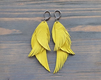 Yellow Earrings, Leather Earrings, Leather Feather Earrings, Yellow Feather Earrings, Statement Earrings, Summer Jewelry, Statement Jewelry.