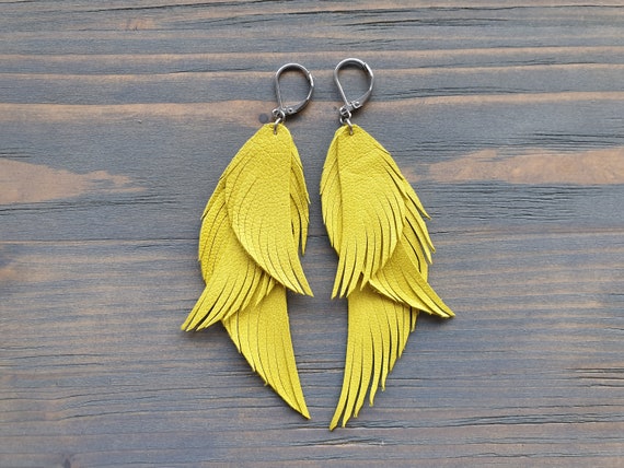 Yellow Earrings, Leather Earrings, Leather Feather Earrings, Yellow Feather Earrings, Statement Earrings, Summer Jewelry, Statement Jewelry.