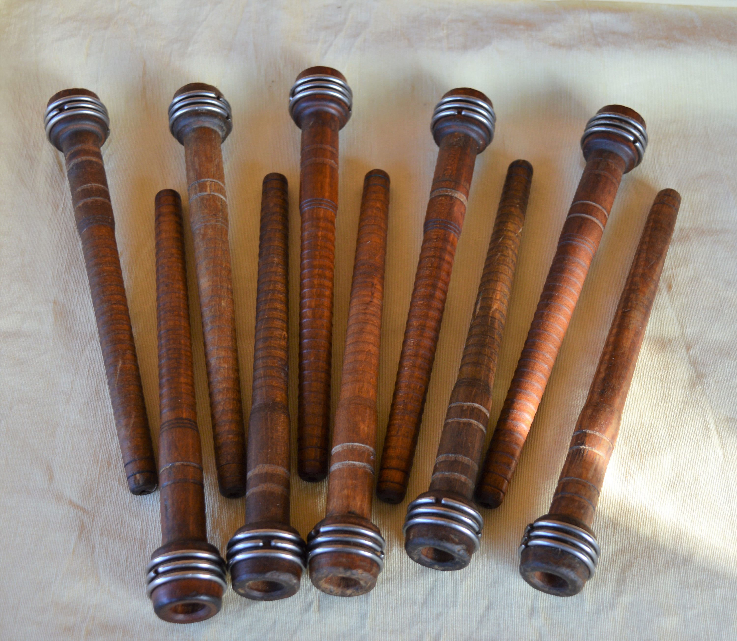 VIntage wooden Mill Bobbins with metal ends pack of eight 