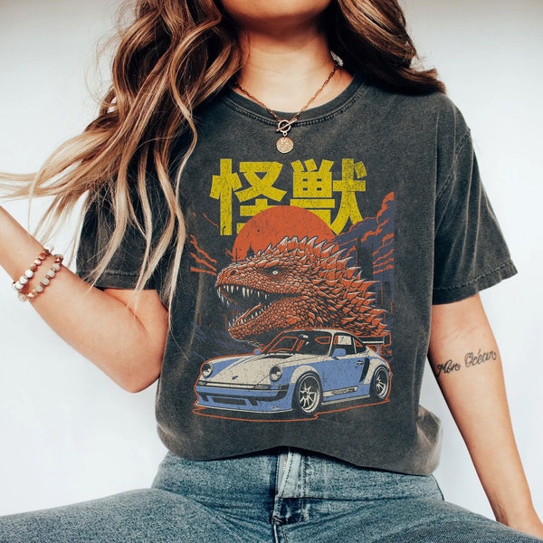 Godzilla-like Kaiju and Car Japanese Graphic Denim Tee - Vintage Inspired Unisex Retro Denim Shirt