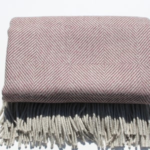 Pure Yorkshire Wool Diamond Blanket in Raspberry and Cream.  Super Soft and Luxurious.