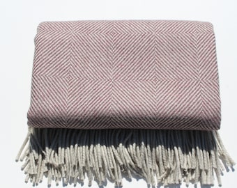 Pure Yorkshire Wool Diamond Blanket in Raspberry and Cream.  Super Soft and Luxurious.