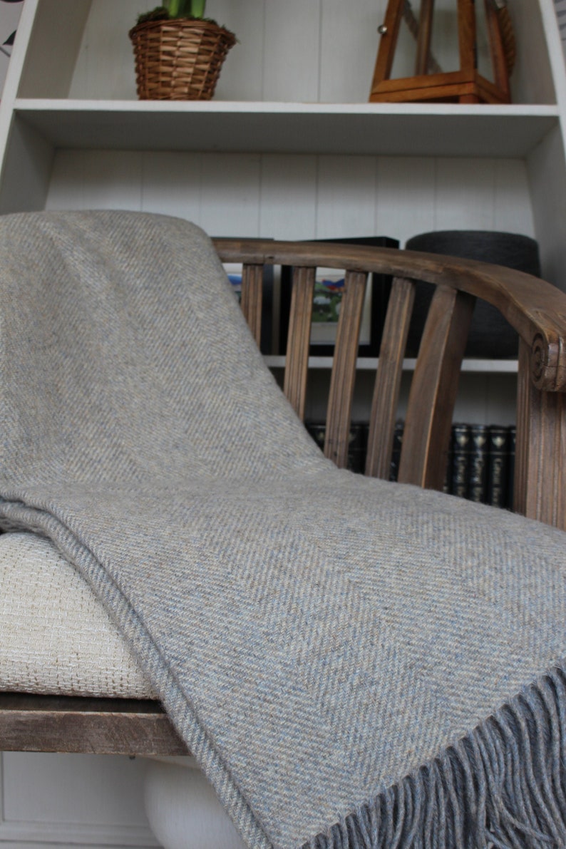 100% British Wool Grey Mix Herringbone Blanket image 1