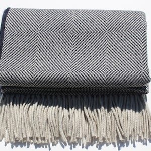Pure Yorkshire Wool Diamond Blanket in Ink Blue and Cream.  Super Soft and Luxurious.