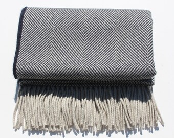 Pure Yorkshire Wool Diamond Blanket in Ink Blue and Cream.  Super Soft and Luxurious.