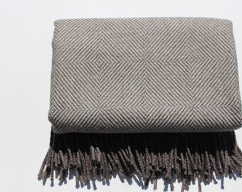 Pure Yorkshire Wool Diamond Blanket in Mushroom and Cream.  Super Soft and Luxurious.