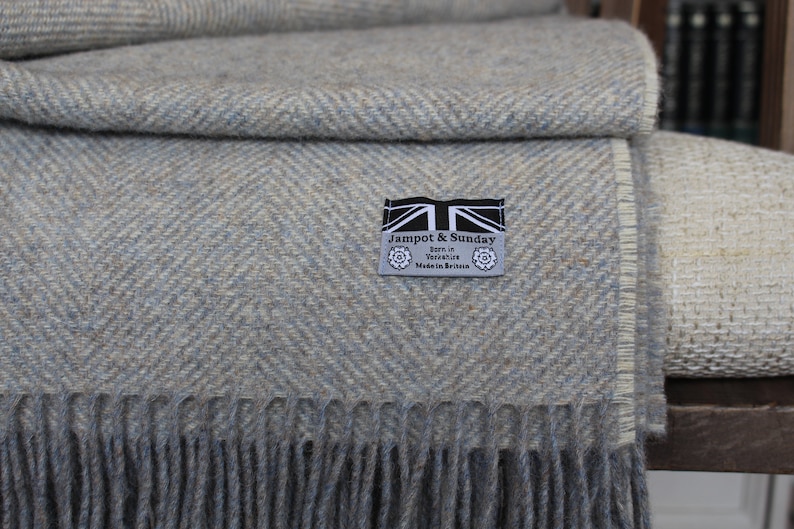 100% British Wool Grey Mix Herringbone Blanket image 5