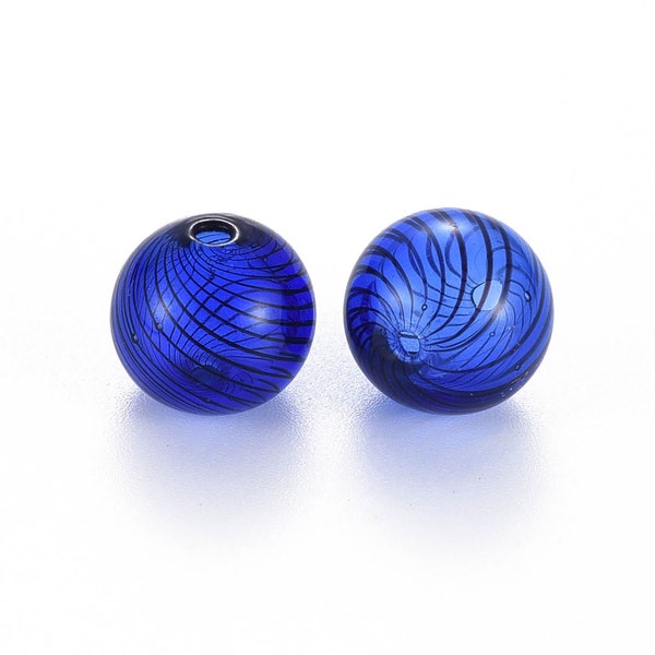 Handblown Glass hollow bead 14mm cobalt blue with black swirl lot of 6