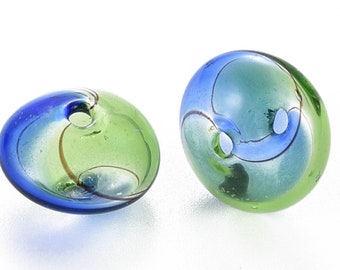 Blown Glass Hollow Bead NEW SHAPE Rondelle / Saucer 14mm  SET of 5 Blue and Green Swirl beads