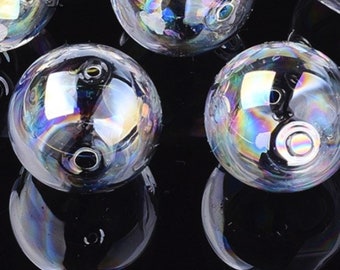 Hand Blown Glass Beads: 14mm Aurora Borealis Bubble Beads, Set of 6