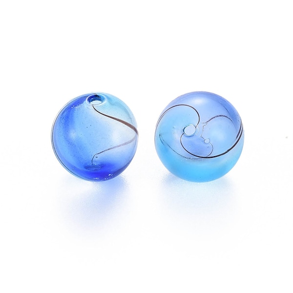 Handblown Glass hollow bead 12mm blue and aqua swirl lot of 6