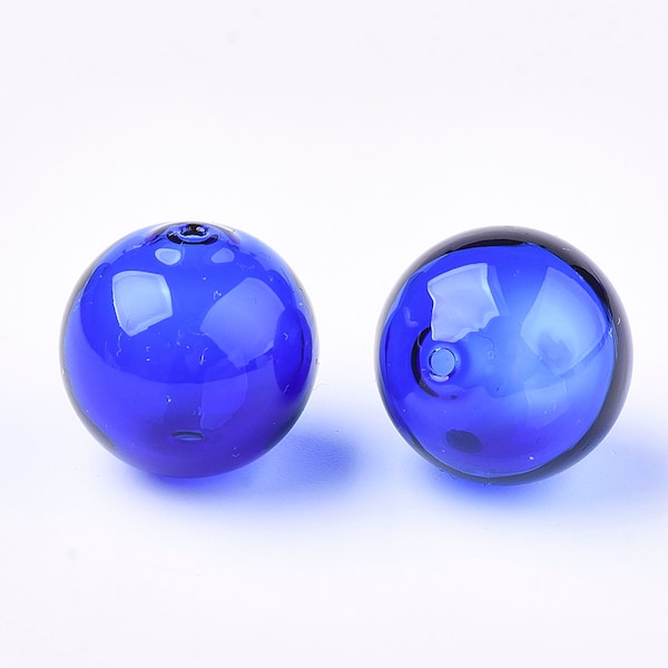 Handblown Glass hollow bead 14mm light cobalt blue lot of 6