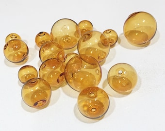 Hand Blown Hollow Glass beads 14mm color soft amber beads. Lot of 6