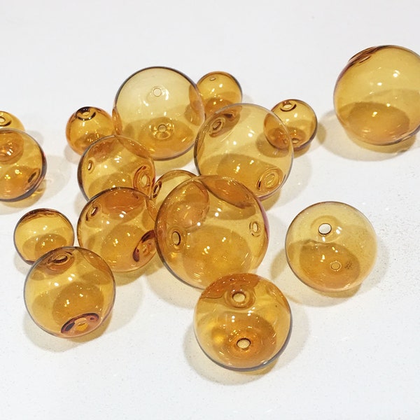 Hand Blown Hollow Glass beads 14mm color soft amber beads. Lot of 6