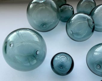 Hand Blown Glass Beads: Denim Blue Hollow Bubbles, 20mm (Lot of 6)