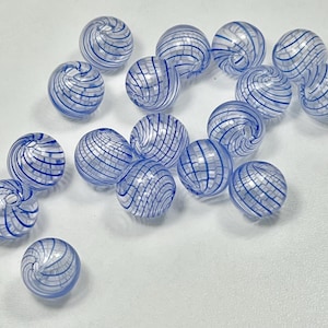 Handblown Glass hollow bead 12.5mm clear with blue and white swirl lot of 6